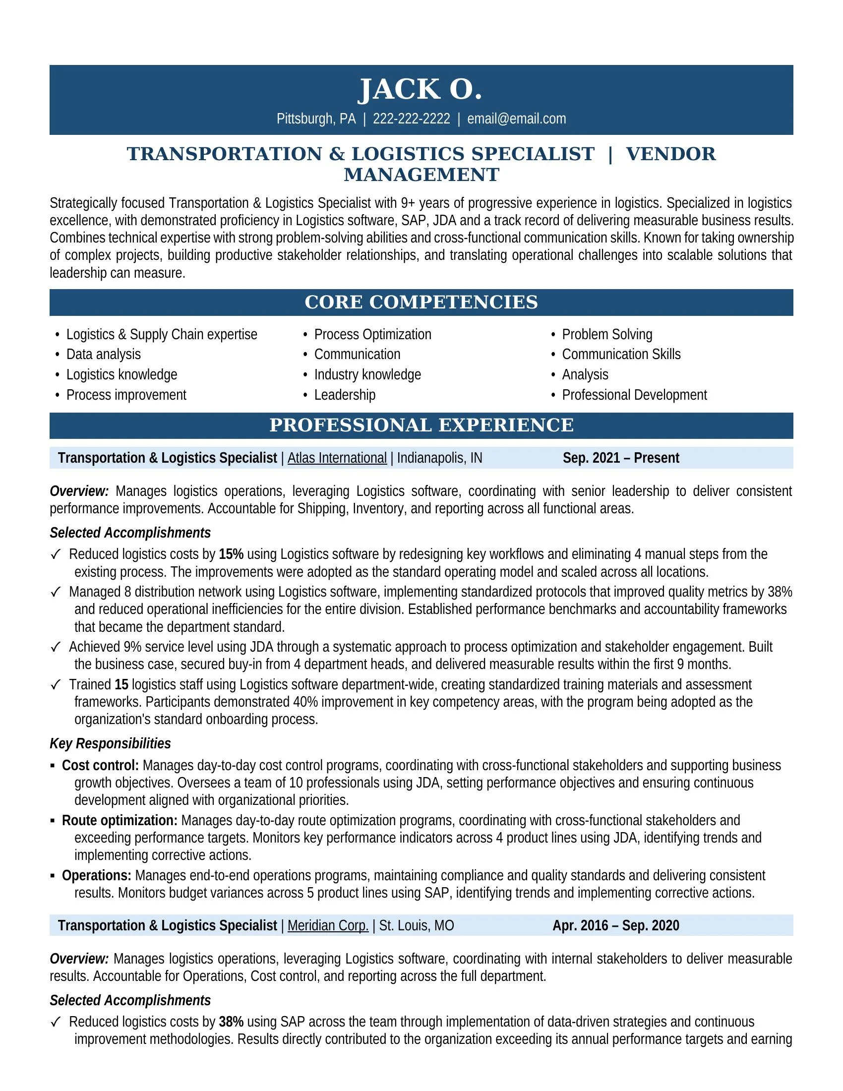 Transportation & Logistics Specialist Resume Sample - Warehouse Resume Example